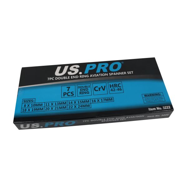 US PRO 7pc Aviation Double Ended Ring Extra Long Spanner Set 8-24mm
