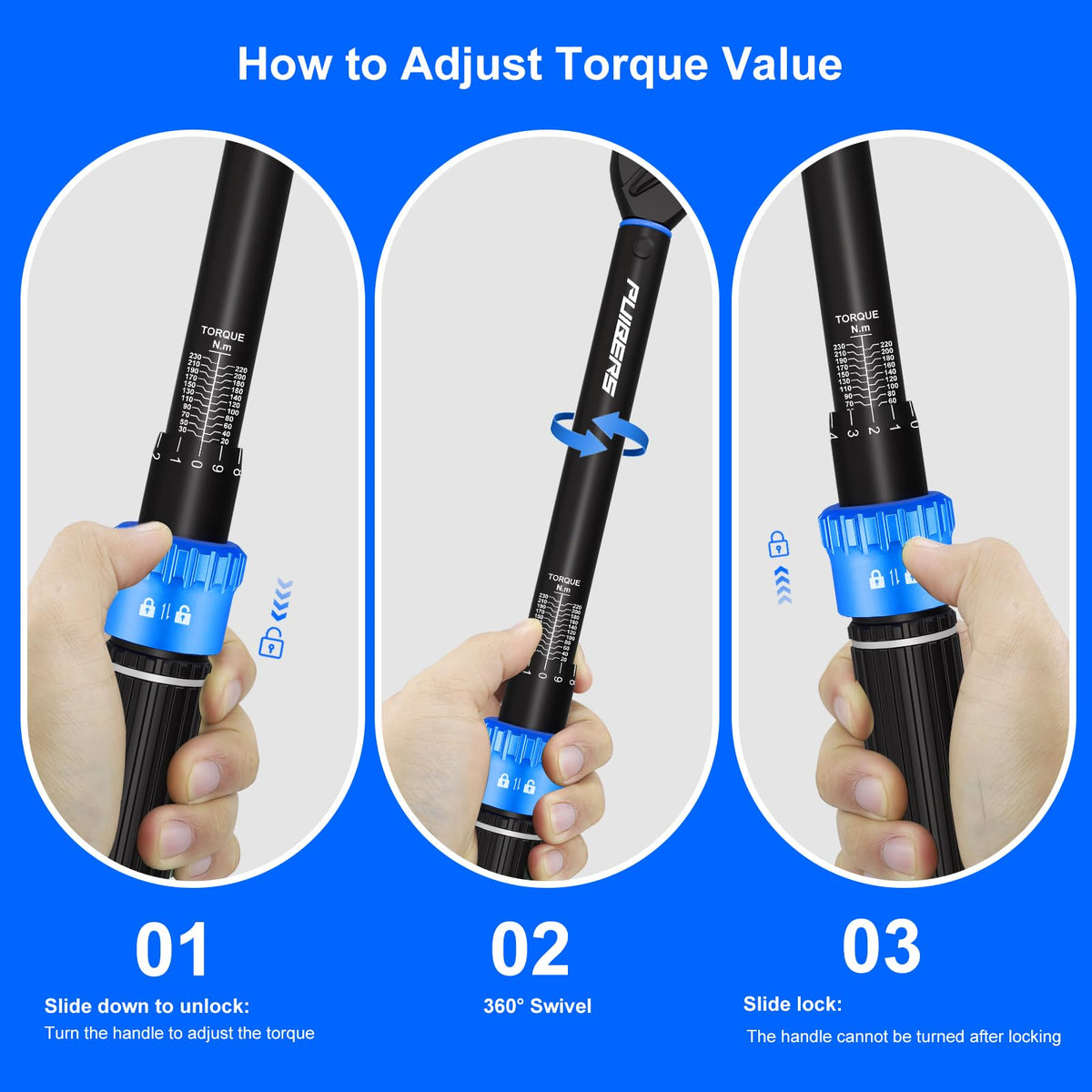 1/2" Torque Wrench Set, 20-230 Nm, 3 CR-MO Sockets