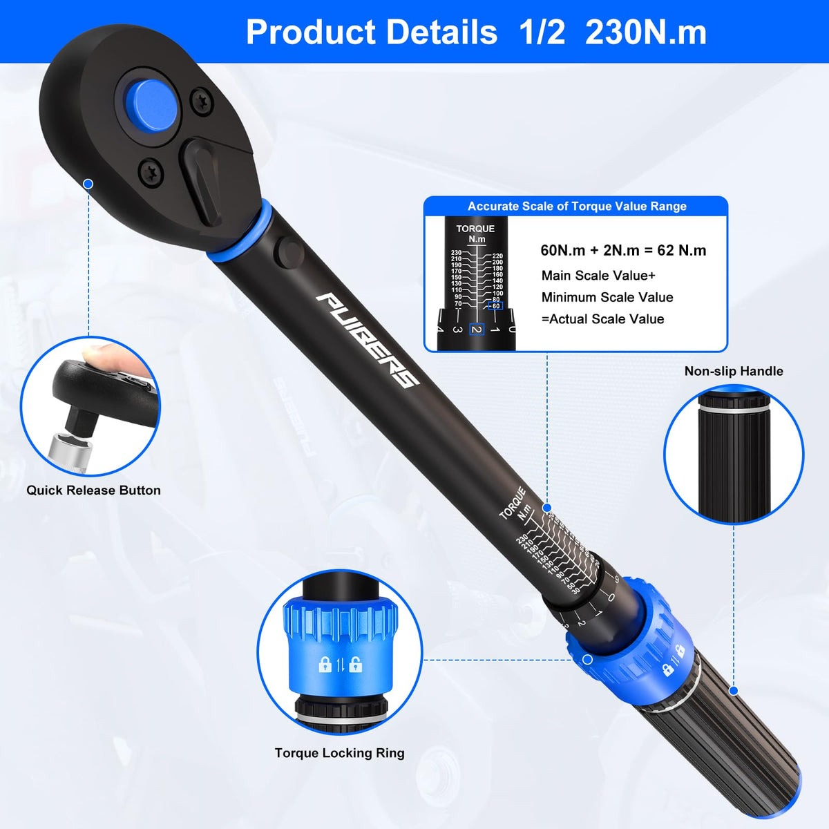 1/2" Torque Wrench Set, 20-230 Nm, 3 CR-MO Sockets