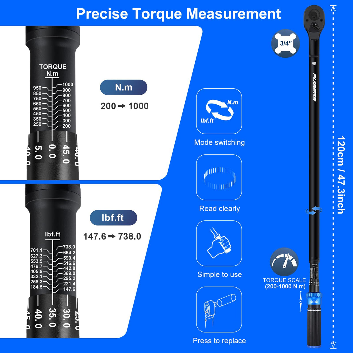 1/2" Torque Wrench Set, 20-230 Nm, 3 CR-MO Sockets