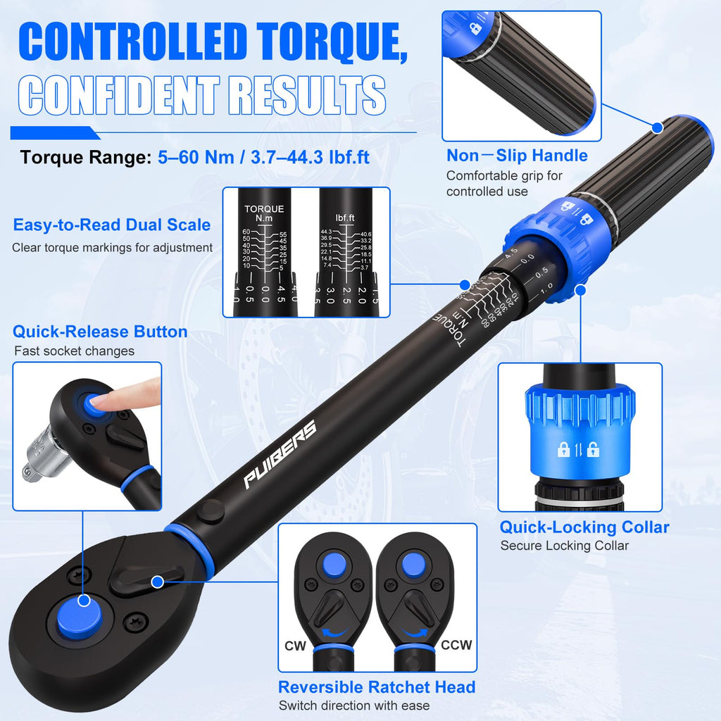 1/2" Torque Wrench Set, 20-230 Nm, 3 CR-MO Sockets
