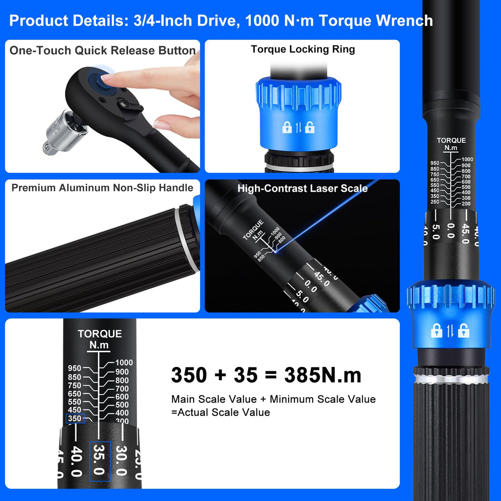 1/2" Torque Wrench Set, 20-230 Nm, 3 CR-MO Sockets