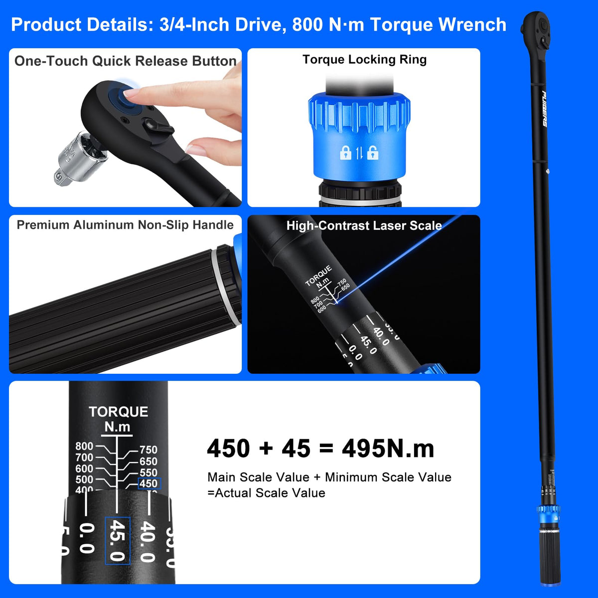 1/2" Torque Wrench Set, 20-230 Nm, 3 CR-MO Sockets