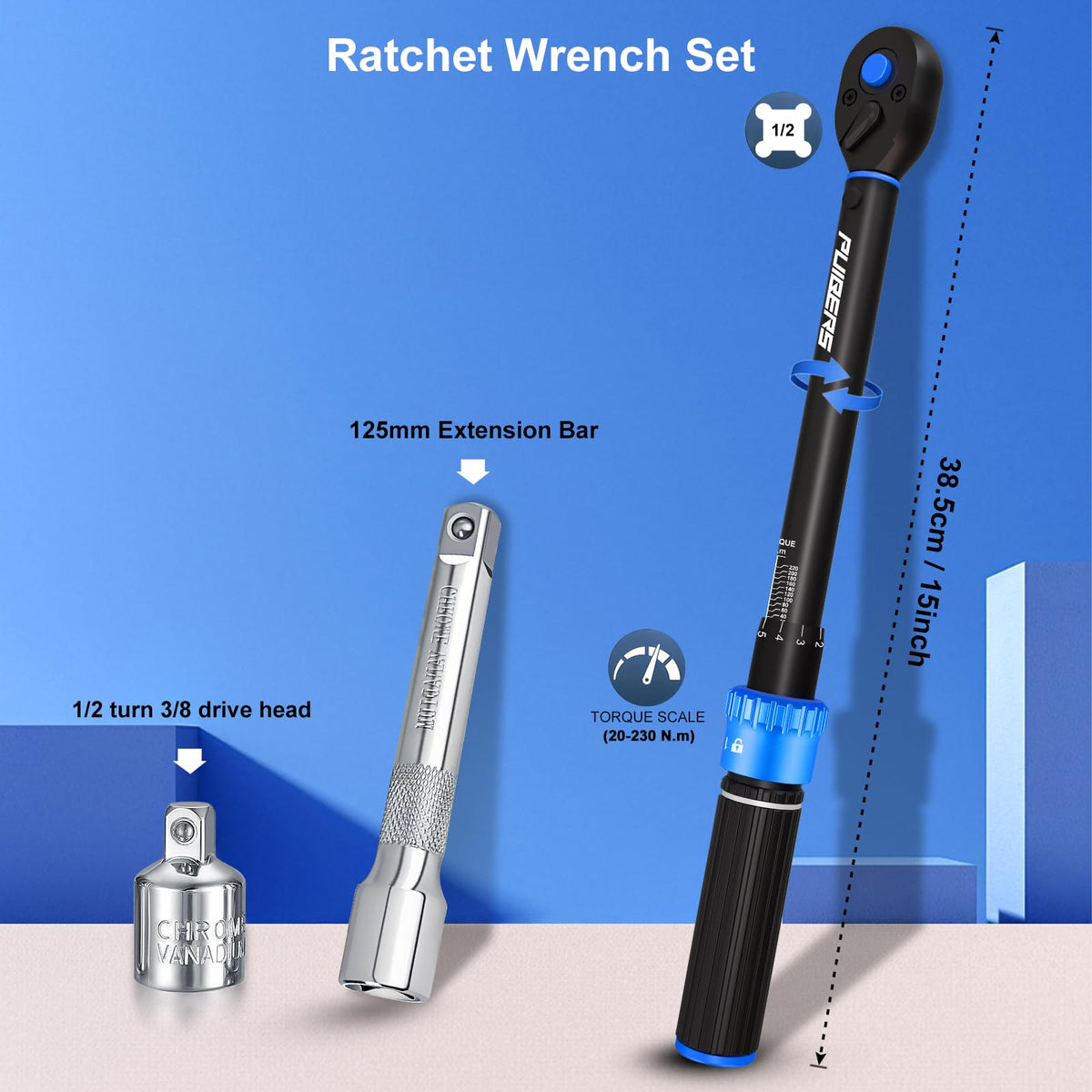 1/2" Torque Wrench Set, 20-230 Nm, 3 CR-MO Sockets
