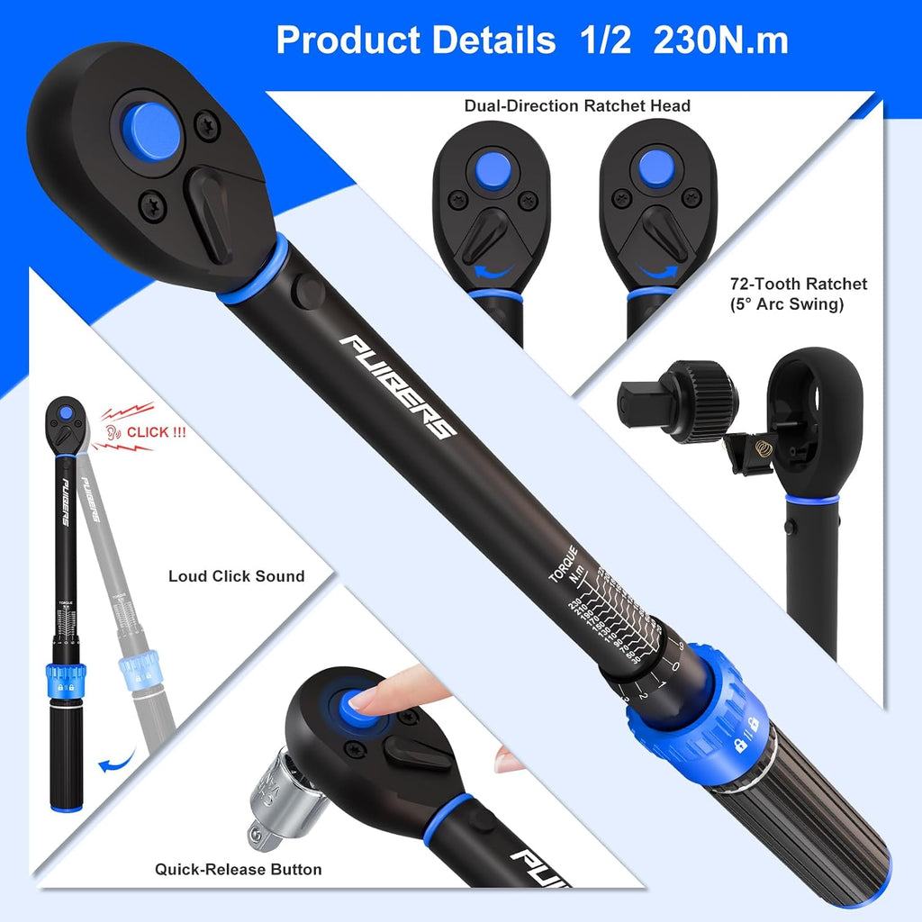 1/2" Torque Wrench Set, 20-230 Nm, 3 CR-MO Sockets