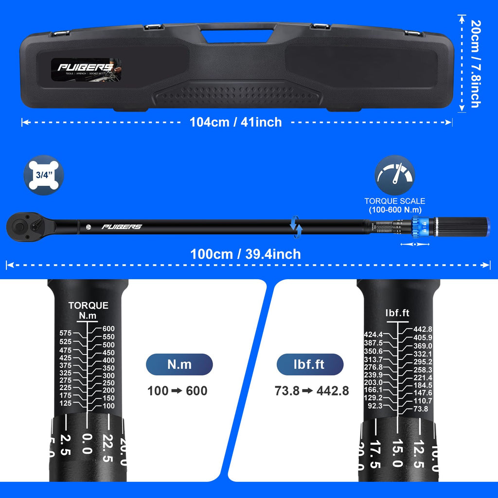 1/2" Torque Wrench Set, 20-230 Nm, 3 CR-MO Sockets