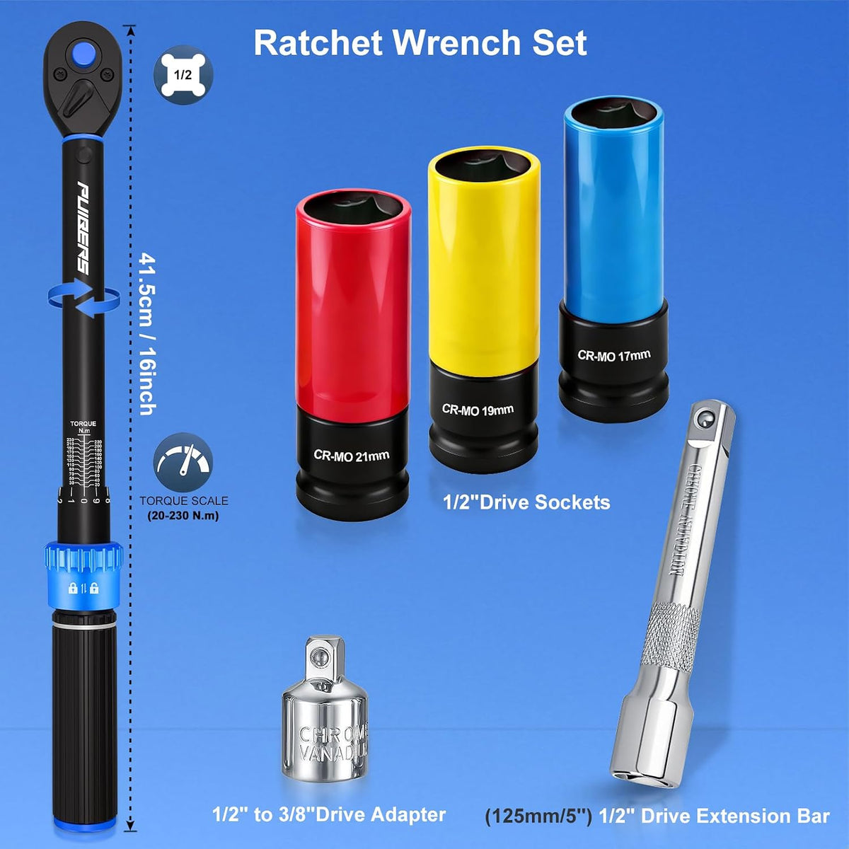 1/2" Torque Wrench Set, 20-230 Nm, 3 CR-MO Sockets