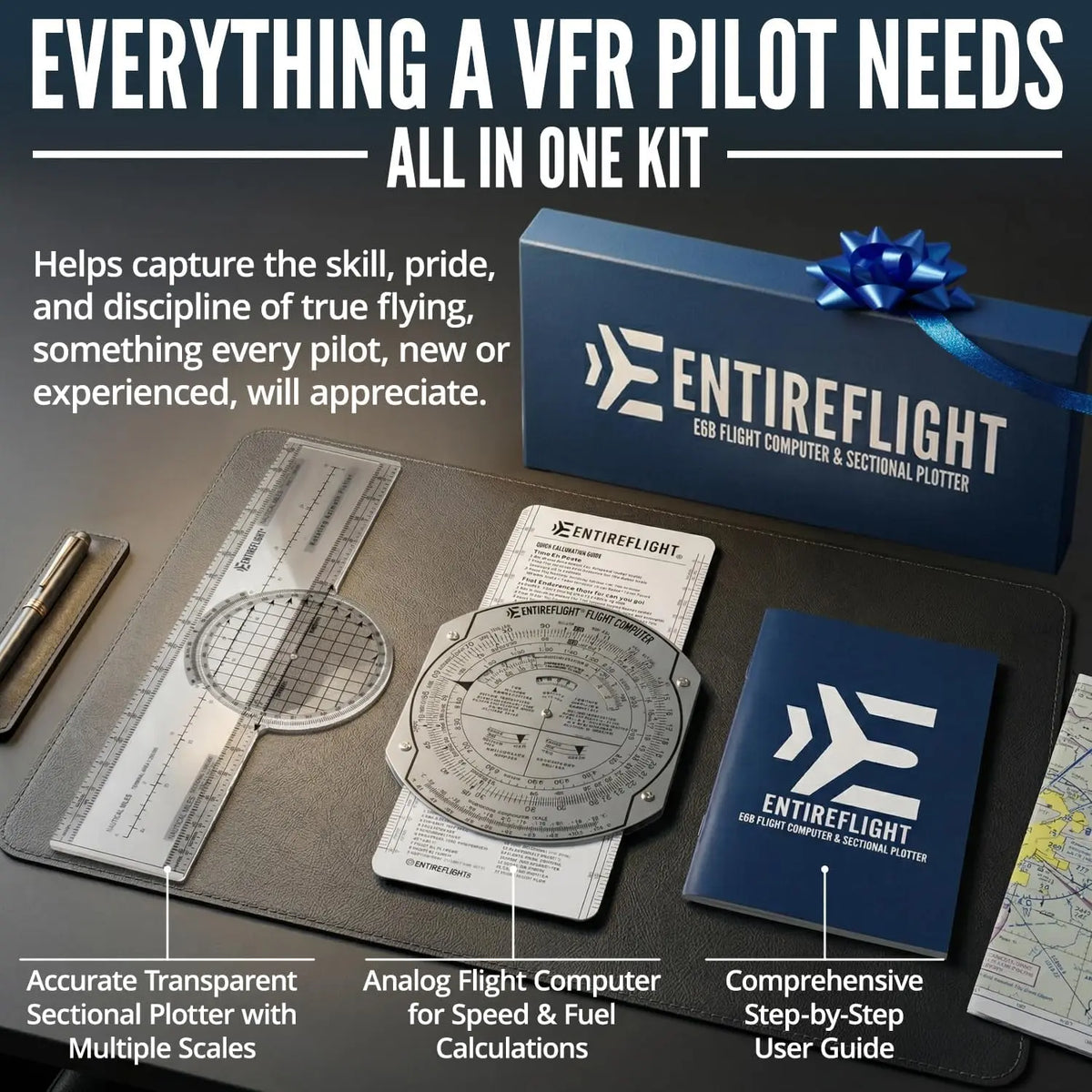 EntireFlight - E6B Flight Computer and Aviation Plotter - Essential Pilot Accessories and Aviation Tools for Your Flight Bag - Use with IFR VFR Sectional Charts - Premium Calculator Jhears Aero