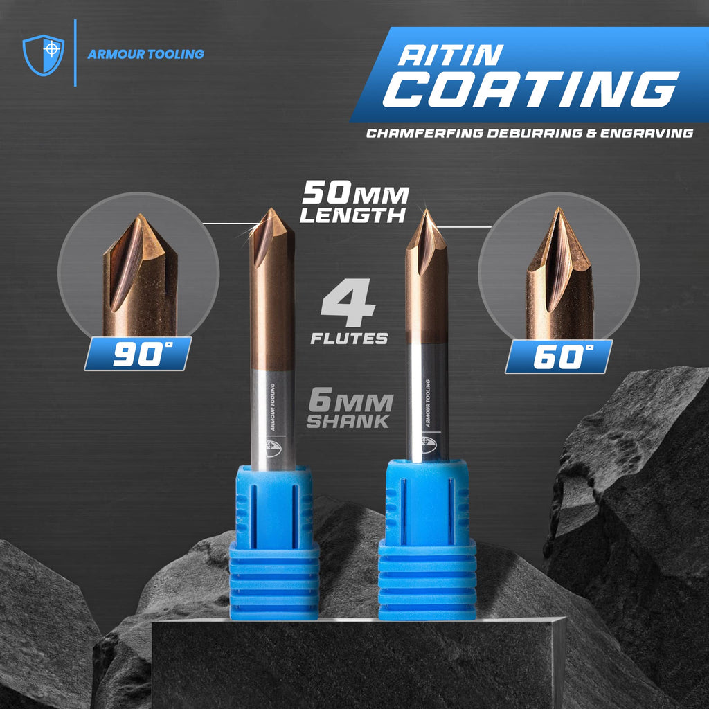 Carbide 3-Flute 90° V-Groove Chamfer End Mill, 6mm Shank