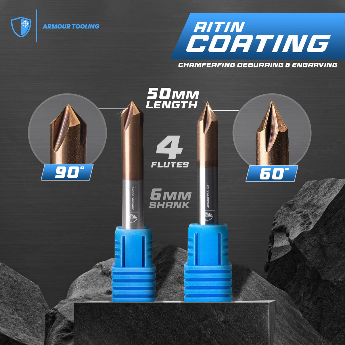 Carbide 3-Flute 90° V-Groove Chamfer End Mill, 6mm Shank