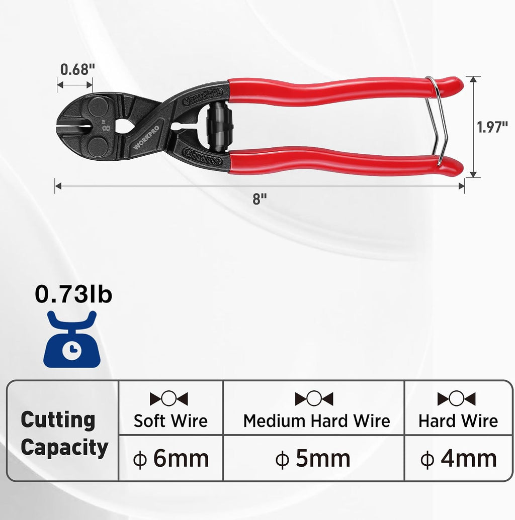 WORKPRO Compact Bolt Cutter 200 mm with Spring, Cr-V Heavy Duty Small Wire.