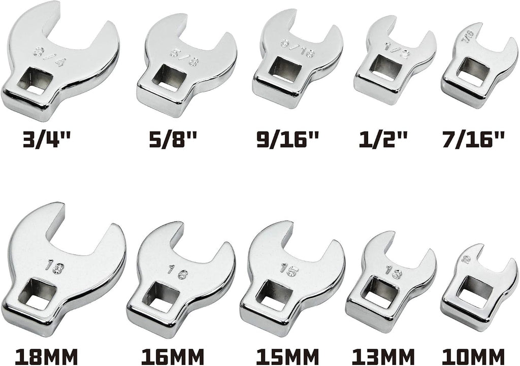 10 Piece 3/8 Inch Drive SAE and Metric Crowfoot Wrench Set 3/8-Inch