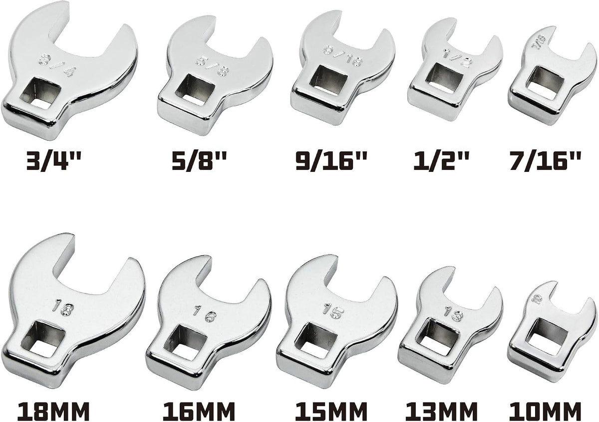 10 Piece 3/8 Inch Drive SAE and Metric Crowfoot Wrench Set 3/8-Inch