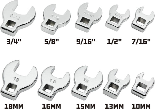 10 Piece 3/8 Inch Drive SAE and Metric Crowfoot Wrench Set 3/8-Inch