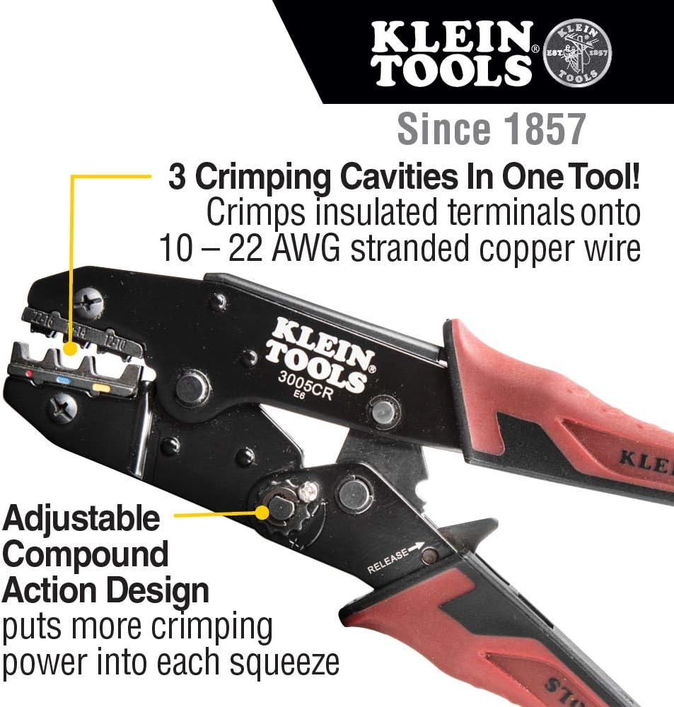 Klein Tools 3005CR Ratcheting Crimper for 10–22 AWG Wire & Insulated Terminal