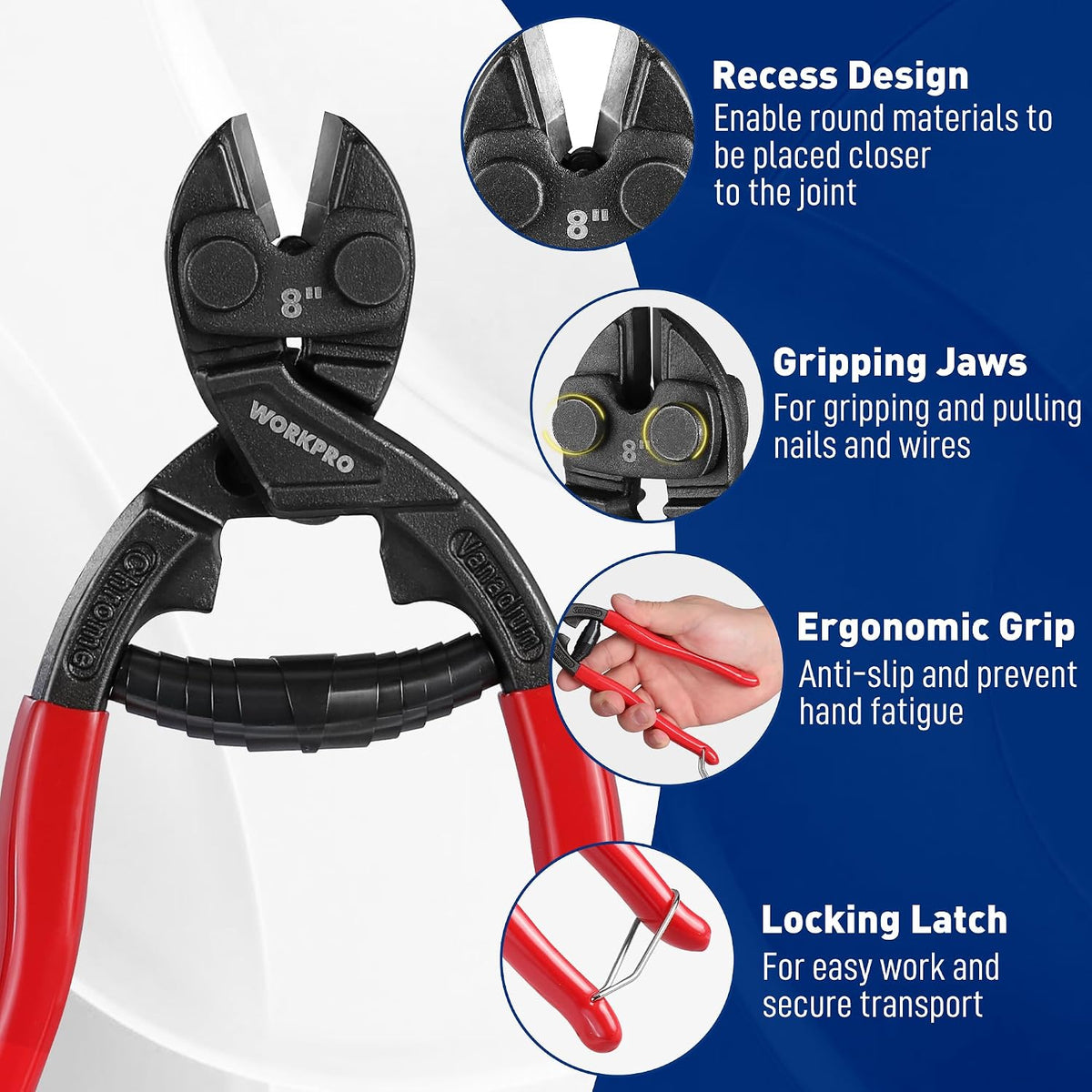 WORKPRO Compact Bolt Cutter 200 mm with Spring, Cr-V Heavy Duty Small Wire.