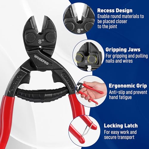 WORKPRO Compact Bolt Cutter 200 mm with Spring, Cr-V Heavy Duty Small Wire.