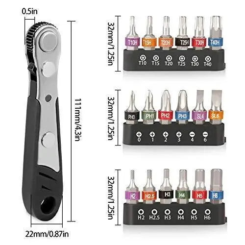 19PCS Mini Ratchet Wrench Screwdriver Bit Set S2 Steel 1/4 Drive 36 Teeth High Jhears Aero